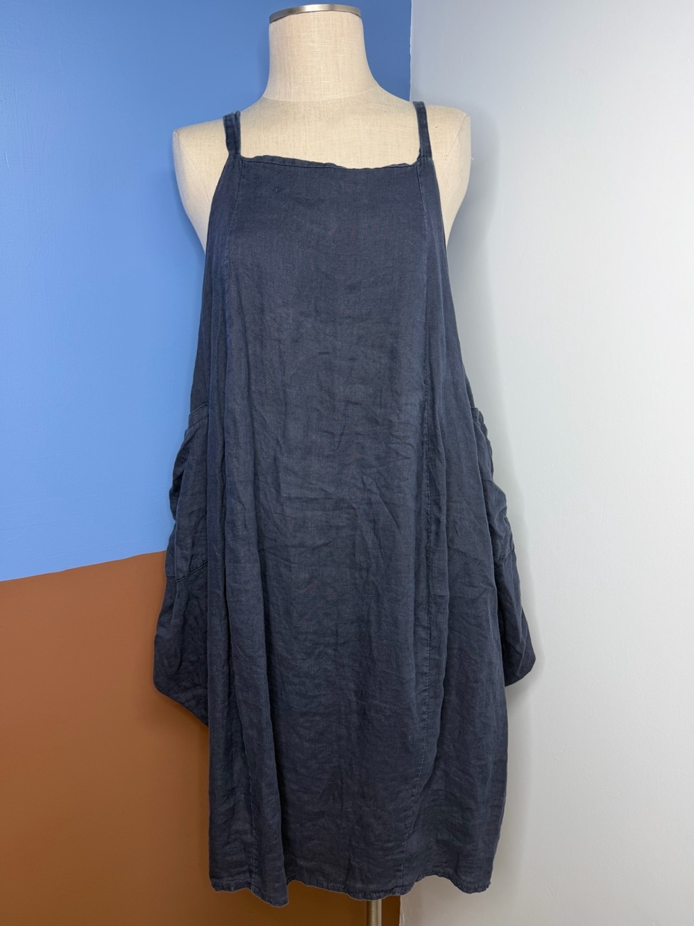 Back Sleeveless Navy Blue‎ Linen Midi Dress Lagenlook Size Small